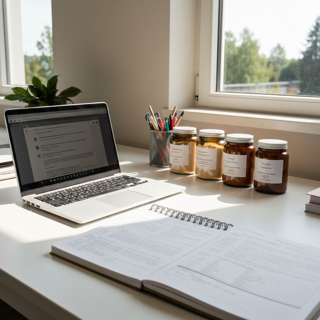 Schreibtisch mit Laptop, Notizbuch und Nahrungsergänzungsmitteln