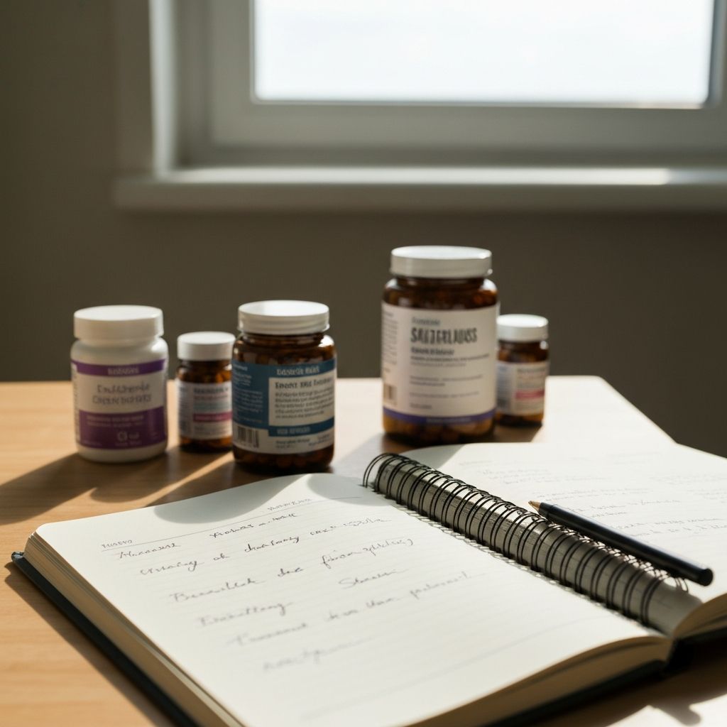 Notizbuch mit Notizen und Nahrungsergänzungsgläser